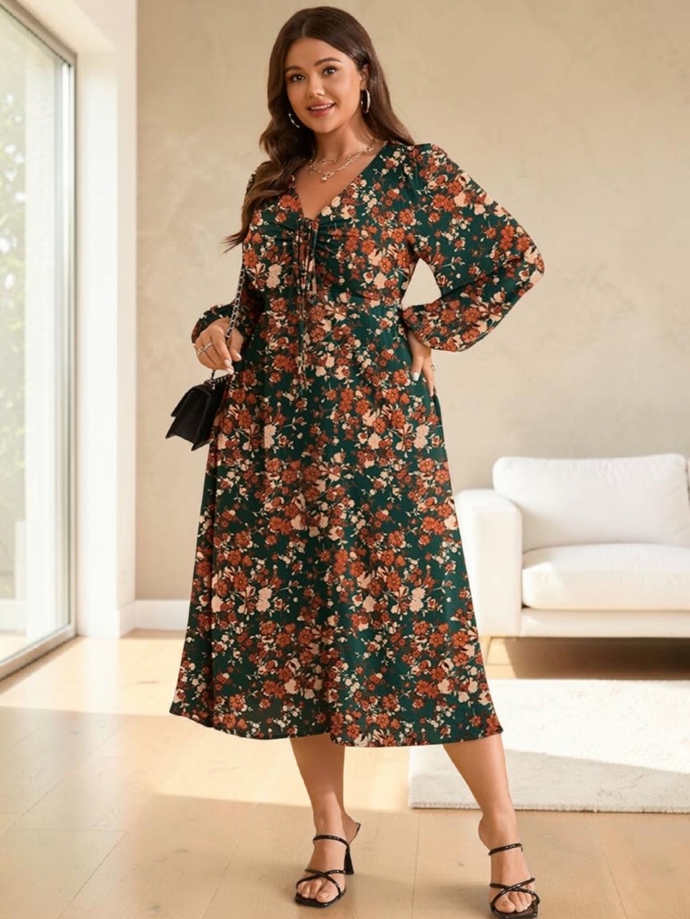 RWJ - XL Floral V-Neck Long Sleeve Midi Dress - Green Floral - Picture 3 of 11